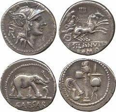 Ancient Coins. Roman. Mint of Rome, unless otherwise stated. Julius Caesar, Silver Denarius, Italy, 49 BC, elephant right, trampling on dragon, CAESAR in exergue , rev pontifical emblems: culullus, as