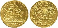 COINS of the ISLAMIC World . Ottoman. Mustafa IV, Gold ½-Zar-i-Mahbub, Qustantaniyya 1222h, ry 1 , 1.20g (Pere 729). Faintest trace of mounting, but uncirculated and very rare. £400-500