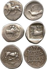 ANCIENT COINS. GREEK. Sikyon, Silver Hemidrachm (4th Century), Chimaera to left, rev dove flying left (SNG Cop 64); Thessaly, Larissa, Silver Drachm, c.460-440 BC, man restraining the forepart of a bu