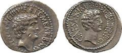 ANCIENT COINS. Mark Antony & Octavian, Silver Denarius, Ephesus, 41 BC, M ANT IMP AVG III VIR R P C M BARBAT Q P, bare head of Antony right , rev CAESAR IMP PONT III VIR R P C, bare head of Octavian r
