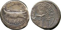 ANCIENT COINS. Mark Antony, Silver Denarius, Patrae?, 32-31 BC, ANT AVG III VIR R P C, ship right , rev [LEG] XVII CLASSICAE, Aquila between two standards, 3.48g (Cr 544/10;Syd 1238). Toned, good fine