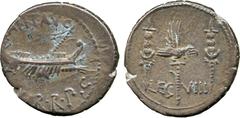 ANCIENT COINS. Mark Antony, Silver Denarius, Patrae?, 32-31 BC, ship right , rev Aquila between two standards, LEG – VIII, 3.93g (Cr 544/21;Syd 1225). Old iridescent tone, very fine . Part of The Davi