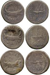 ANCIENT COINS. Mark Antony, Silver Denarii (3), Patrae?, 32-31 BC, ship right, revs Aquila between two standards, LEG – XIX (2), LEG – XX (1) (Cr 544/35, 36). Old iridescent tones, good fine to nearly