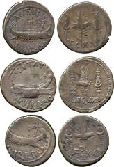 ANCIENT COINS. Mark Antony, Silver Denarii (3), Patrae?, 32-31 BC, ship right, revs Aquila between two standards, LEG – XX (1), LEG – XXII (1), LEG – XXIII (1) (Cr 544/36, 38, 39). Old iridescent tone