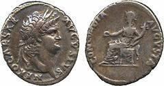 ANCIENT COINS. Nero (AD 54-68), Silver Denarius, AD 64-65, NERO CAESAR AVGVSTVS, laureate head right , rev CONCORDIA AVGVSTA, Concordia seated left, holding patera and cornucopiæ, 3.52g (RIC 49;BMC 63