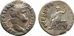 ANCIENT COINS. Nero (AD 54-68), Silver Denarius, AD 64-65, NERO CAESAR AVGVSTVS, laureate head right , rev IVPPITER CVSTOS, Jupiter enthroned left, holding thunderbolt and sceptre, 3.03g (RIC 53;BMC 7