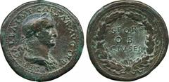 ANCIENT COINS. Galba (AD 68-69), AE Sestertius, SER GALBA IMP CAESAR AVG TR P, laureate and draped bust right , rev S P Q R / O B / CIV SER within oak-wreath, 24.07g (RIC 405;BMC 112). Dark green pati