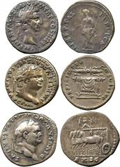 ANCIENT COINS. Nerva (AD 96-98), Silver Denarius , rev Libertas;Divus Vespasian (d. AD 79), Silver Denarius , rev quadriga;Titus (AD 79-81), Silver Denarius , rev draped table surmounted by thunderbol