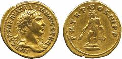 ANCIENT COINS. Trajan (AD 98-117), Gold Aureus, AD 100, IMP CAES NERVA TRAIAN AVG GERM, laureate bust right, aegis on left shoulder , rev P M TR P COS III P P, Hercules standing facing on altar, holdi