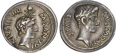 Ancient Rome Augustus (27 BC - AD 14) with Divus Julius Caesar, AR Denarius, Rome, 17 BC, M. Sanquinius, moneyer. AVGVSTVS DIVI F, bare head of Augustus right. Rev. M SANQVINIVS III VIR, laureate and 