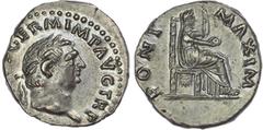Ancient Rome Vitellius (AD 69) AR Denarius, Rome, 3.50g. [A VITELLIVS] GERM P AVG TR P, laureate head of Vitellius right. Rev. PONT MAXIM, Vesta, veiled and draped, seated right on throne, holding sce