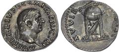 Ancient Rome Vitellius (AD 69) AR Denarius, Rome, 3.33g. A VITELLIVS GERM P AVG TR P, laureate head of Vitellius right. Rev. XV VIT SACR FAC, tripod topped with dolphin on globe, raven below. (RIC 109