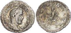 Ancient Rome Pupienus (AD 238) AR Denarius, Rome, 2.54g. IMP C M CLOD PVPIENVS AVG,laureate, draped and cuirassed bust of Pupienus right. Rev. PAX PVBLICA, Pax seated left, holding sceptre and palm. (