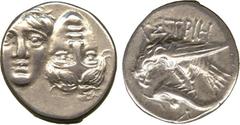ANCIENT COINS. Ancient Greek. Thrace, Istros (400-350 BC), Silver Drachm, two young male heads side by side, the right one inverted, rev ΙΣΤΡΙΗ above sea eagle left on dolphin, A below, 4.52g (BMC 2; 