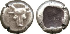 ANCIENT COINS. Ancient Greek. Korkyra (c.600-550 BC), Silver Triobol, cow’s head facing, rev incuse square, 2.89g (SNG Cop 140; cf H B Earle-Fox, NC 1908, p.80; BMC (Phokis), 2). Toned, very fine . £3