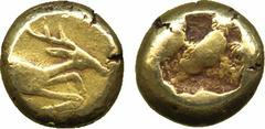 ANCIENT COINS. Ancient Greek. Ionia , Uncertain (c.600-550 BC), Electrum 1/6-Stater, forepart of stag running right, rev rough incuse punchmark, 2.56g (Waggoner/Rosen -). Very fine and extremely rare,
