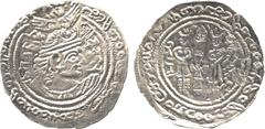 Indian Coins. Mediaeval India. Nezak Huns, Sahi Tigin (after AD 677), Silver Dirhem, 3.13g, bust imitating Khusro II to right, Brahmi legends in field, Baktrian legend around rim, rev fire altar with 