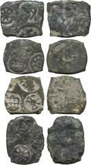 INDIAN COINS. Ancient. Vanga Janapada, Punchmarked coins of the Chandraketugarh region, Copper Karshapana (4), boat, wheel and four-armed symbo, rev conch shell (Rajgor series 4, 30-32). Fine to very 