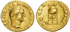 Ancient Rome Vitellius (AD 69) AV Aureus, Rome, 7.19g. A VITELLIVS IMP AVG P P, laureate head of Vitellius right. Rev. XV VIR SACR FAC, globe on tripod, topped with dolphin, eagle before. (RIC 108; Ca
