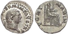 Ancient Rome Vitellius (AD 69) AR Denarius, Rome, 3.50g. [A VITELLIVS] GERM P AVG TR P, laureate head of Vitellius right. Rev. PONT MAXIM, Vesta, veiled and draped, seated right on throne, holding sce