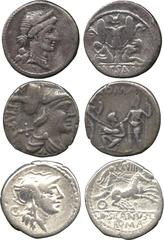 ANCIENT COINS. ROMAN. Ti. Vetur, Silver Denarius, Rome, 137 BC (Cr 234/1), toned, nearly very fine ; D. Silanus L.F, Silver Denarius, Rome, 91 BC (Cr 337/3), some edge marks, fine ; Julius Caesar, Sil