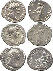 ANCIENT COINS. ROMAN. Trajan (AD 98-117), Silver Denarius, Rome, 112-114, AD rev Fortuna (RIC 274); Hadrian (117-138 AD), Silver Denarius, Rome, 119-122 AD, rev Pax (RIC 94); Antoninus Pius (138-161 A