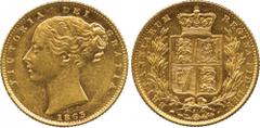 THE BENTLEY COLLECTION OF BRITISH MILLED GOLD SOVEREIGNS. Victoria, Gold Sovereign, 1863, numbers 827 in relief on truncation meets field, second larger young head left, date below, sharper more hooke