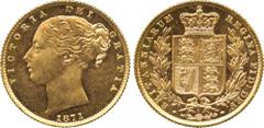 THE BENTLEY COLLECTION OF BRITISH MILLED GOLD SOVEREIGNS. Victoria, Sovereign, 1871, die number 1, third young head left, w.w. in relief on truncation, date below , rev crowned quartered shield of arm
