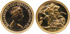 THE BENTLEY COLLECTION OF BRITISH MILLED GOLD SOVEREIGNS. Elizabeth II (1952- ), Pattern Sovereign, 1976, designed by Arnold Machin, experimental pattern struck with a totally brilliant finish without