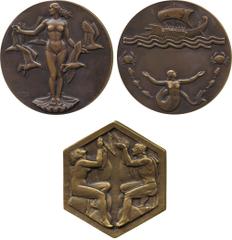 A COLLECTION OF FRENCH AND OTHER MEDALS OF THE BELLE ÉPOQUE, ART NOUVEAU AND ART DECO. Georges Guiraud (1900-1989), “Venus”, Bronze Medal, c.1930, she stands naked in a shell, gulls fly around her, re