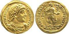 ANCIENT COINS. ROMAN. Valentinian I (AD 364-375), Gold Solidus, Antioch, AD 364-367, D N VALENTINIANVS P F AVG , rosette-diademed, draped and cuirassed bust right, rev RESTITVTOR REIPVBLICAE , emperor