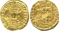 ANCIENT COINS. ROMAN. Anthemius (AD 467-472), Gold Solidus, “Court” style, AD 468, D N ANTHEMIVS P F AVG , pearl-diademed, draped and cuirassed bust facing, holding spear and shield, rev SALVS REI PVB
