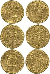 WORLD COINS. VENETIAN DUCATS AND ZECCHINI AND THEIR IMITATIONS. Gold Ducats (3), for Andrea Dandolo (1343-1354), Lorenzo Celsi (1361-1365) and Marco Corner (1365-1368), the Doge kneeling left and rece