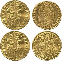 WORLD COINS. VENETIAN DUCATS AND ZECCHINI AND THEIR IMITATIONS. Gold Zecchini (2), for Francesco Donà (1545-1553) and Francesco Venier (1554-1556), the Doge kneeling left and receiving a banner from S