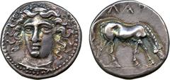 ANCIENT COINS. Greek Coins. Other Properties. Thessaly, Larissa (c.400-380 BC), Silver Drachm, head of the nymph Larissa facing three-quarters to left, rev Λ API , horse grazing right, its head lowere