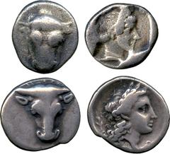 ANCIENT COINS. Greek Coins. ex British Museum Collection. Phokis, Federal Coinage (c.356-354 BC), Silver Triobol, bull’s head facing, rev head of Apollo right, branch behind (Williams 309a (O.222/R.19