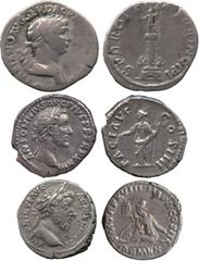 ANCIENT COINS. Roman Coins. Mint of Rome, unless otherwise stated. Trajan (AD 98-117), Silver Denarius, rev Trajan’s column (RIC 292); Antoninus Pius (AD 138-161), Silver Denarius, rev Pax (RIC 301); 