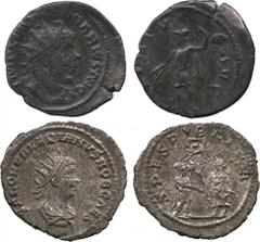 ANCIENT COINS. Roman Coins. Mint of Rome, unless otherwise stated. Saloninus (AD 260), Antoninianus, Syrian mint, as Caesar, rev Saloninus receiving flower from Spes, wreath above (RIC 36); Marius (AD