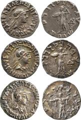 ANCIENT COINS. GREEK. Indo-Greek Kingdom, Menander (c.165-130 BC), Silver Drachms (3), helmeted head right, rev Athena Alkidemos. Toned, very fine . (3) £80-120