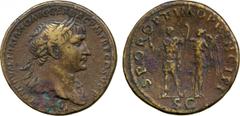 ANCIENT COINS. Trajan (AD 98-117), AE Sestertius, AD 107, laureate bust right, drapery on left shoulder, rev S P Q R OPTIMO PRINCIPI / SC , Trajan, in military dress, holding thunderbolt and spear, st