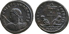ANCIENT COINS. Crispus (Caesar, AD 317-326), AE Follis, mint of Siscia, AD 320, IVL CRISPVS NOB CAES , laureate and cuirassed bust left, holding spear and shield, rev VIRTVS EXERCIT , standard inscrib