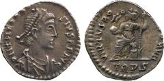 ANCIENT COINS. Theodosius I (AD 379-395), Silver Siliqua, mint of Treveri, AD 388-392, D N THEODOSIVS P F AVG , pearl-diademed, draped and cuirassed bust right, rev VIRTVS RO[MAN]ORVM , Roma enthroned