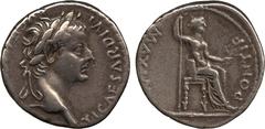 ANCIENT COINS. Roman. Tiberius (AD 14-37), Silver Denarius, mint of Lugdunum, TI CAESAR DIVI AVG F [AVGVSTVS] , laureate head right, rev PONTIF MAXIM , female figure seated right, holding sceptre and 