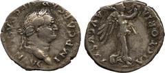 ANCIENT COINS. Roman. Vespasian (AD 69-79), Silver Quinarius, AD 75(?), IMP CAESAR VESPASIAN AVG , laureate head facing right, rev VICTORIA AVGVSTI , Victory advancing right, holding wreath and palm, 