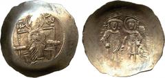 ANCIENT COINS. Byzantine. Isaac II Angelus (AD 1185-1195), Electrum Trachy, Virgin seated on high-backed throne, holding nimbate bust of infant Christ, MP- Θ V left and right, rev legend on left obscu
