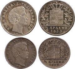 FOREIGN COINS. Greece. Otho, ½-Drachmai and ¼-Drachmai, 1833 (KM 19, 18). First beautifully toned, choice extremely fine, the second good very fine, reverse better. (2) £300-400