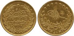 ISLAMIC COINS. Ottoman. Muhammad V Rashad b. ‘Abd al-Hamid II (1327-1336h), Gold 500-Ghurush / 5-Lira, Qustantiniyya 1327h, ry 4, 35.93g (Pere 1019). Extremely fine and rare. High value machine-struck
