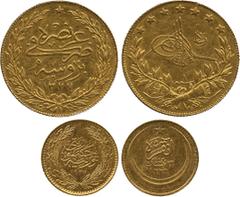 ISLAMIC COINS. Ottoman. Ottoman. Muhammad V Rashad, Gold 100- Ghurush/Lira, Brusa 1327h, ry 1, 7.15g (Pere 1004); Turkish Republic, Anonymous, Gold 25-Ghurush / ¼-Lira, Ankara 1927, 1.80g (KM 840, Y72