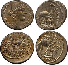 ANCIENT COINS. ROMAN. Mint of Rome unless otherwise stated. M. Aemilius Scaurus and P. Plautius Hypsaeus (58 BC), Silver Denarius, King Aretas of Nabataea kneeling beside camel, presenting olive-branc