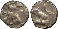 ANCIENT COINS. GREEK. Cyprus, Kition, Baalmelek II, Silver Stater, Herakles, wearing lion’s skin, advancing right, holding bow and club , rev lion bringing down a stag right, all within a dotted squar